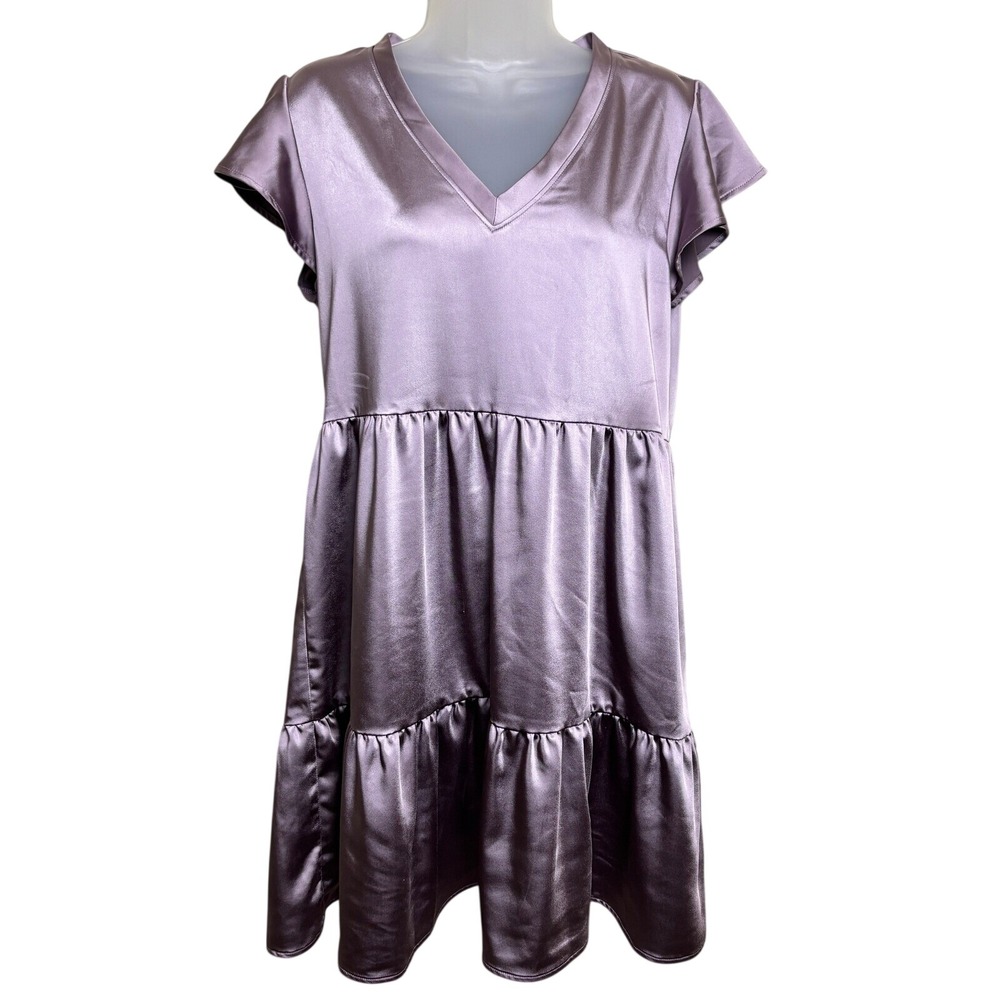 Sedge Mauve Purple Satin Flutter Sleeve Tiered Ruffle Babydoll Dress Womens M